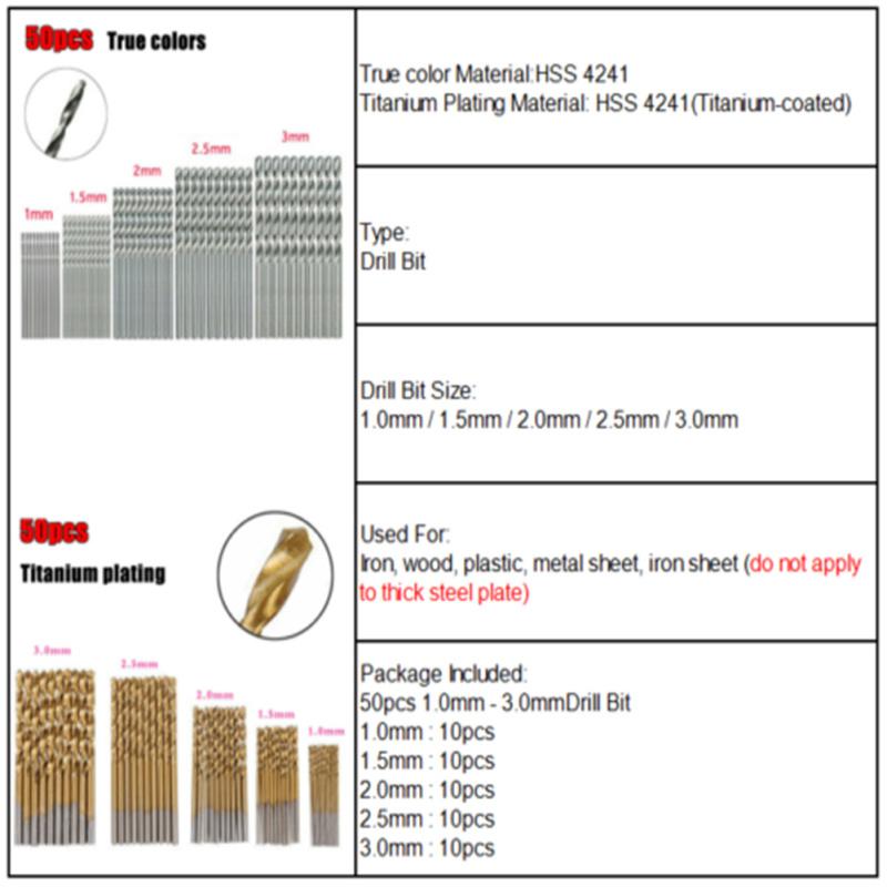 50 Pcs/set Hss Drill  Sets Titanium-coating Powerful Hard Steel Tools 1mm 1.5mm 2mm 2.5mm 3mm