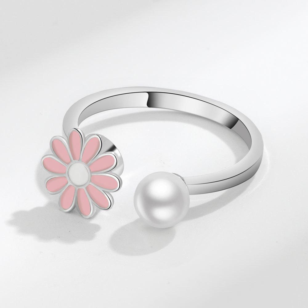 Small Daisy Adjustable Ring With Pearl Decor For Women Fashion Accessory