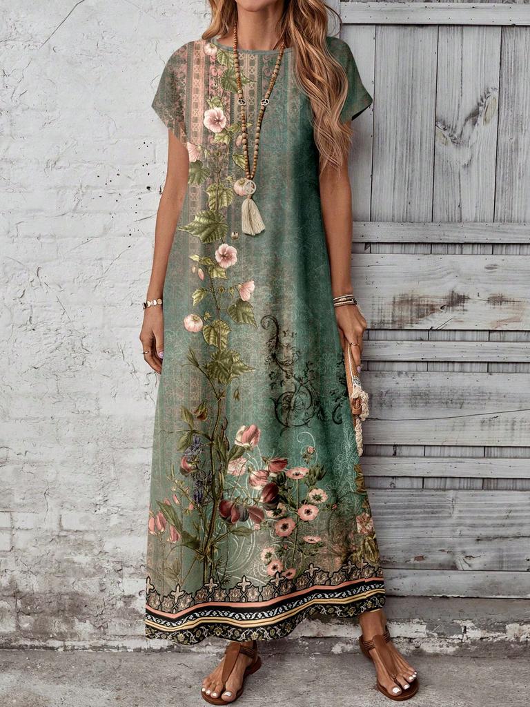 Casual Versatile Patterned Summer Dress For Women,Casual Women's Dresses Short Sleeve Modest Bohemian Maxi Floral Print
