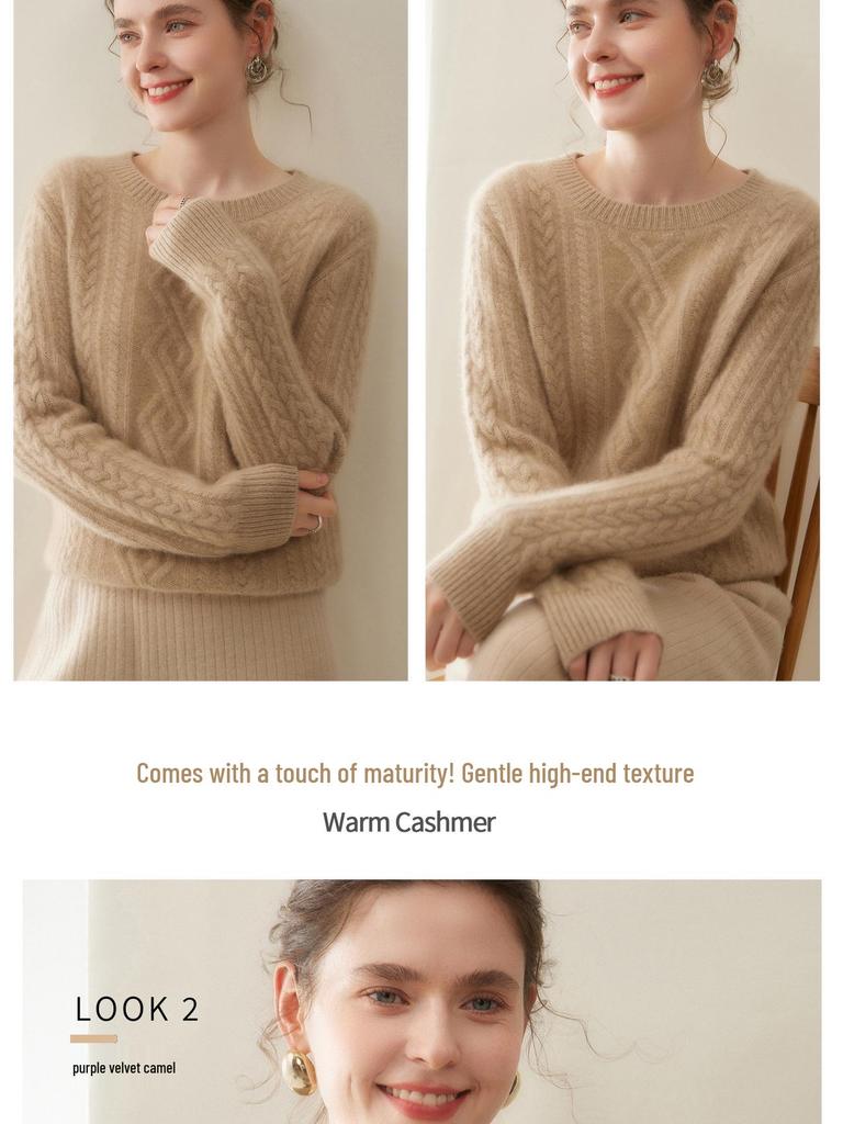 Women's Cashmere Cable Knit Sweater: Round Neck, Thickened, Versatile Autumn/Winter Casual Fashion
