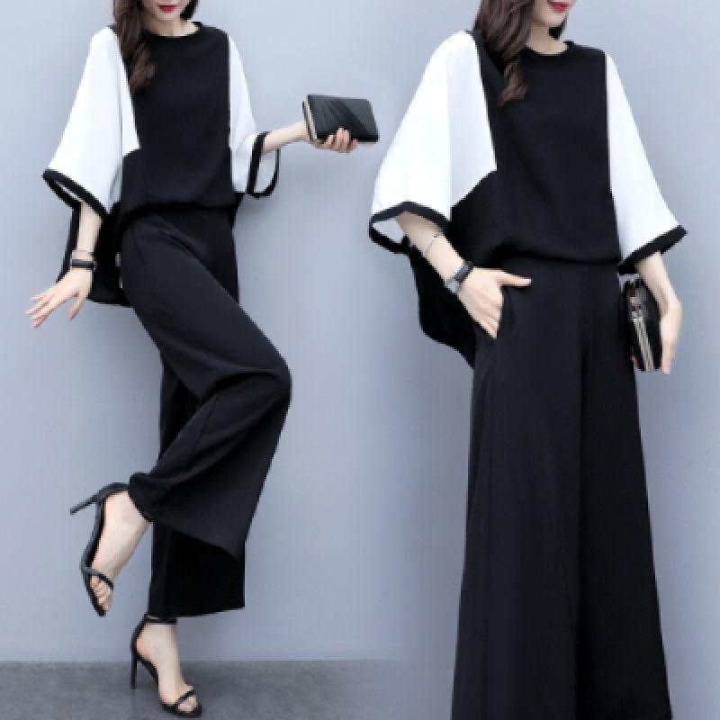 Women's Spring and Summer Two-piece Trousers Patchwork Loose Top Wide-leg Pants Casual Fashion Suit