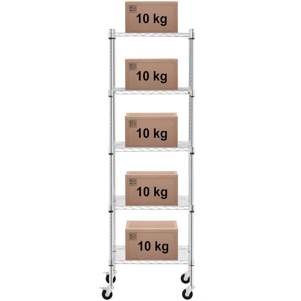 Openwork wire storage rack on wheels, 5 shelves, up to 50 kg, 60x45x186 cm