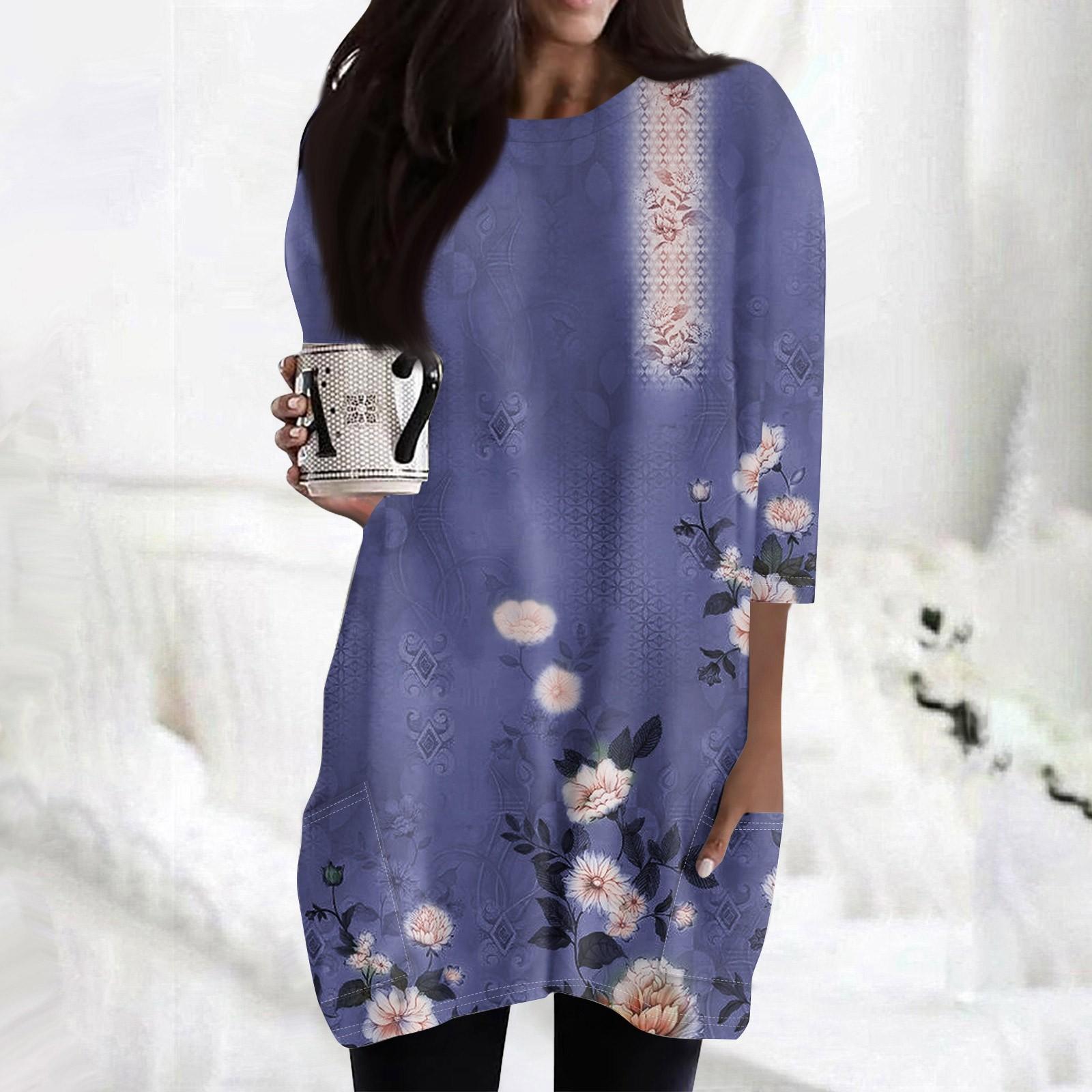 

Женский топ с круглым вырезом и карманами с цветочным принтом, рукавом 3/4, топ с круглым вырезом, свободный повседневный топ XL синий