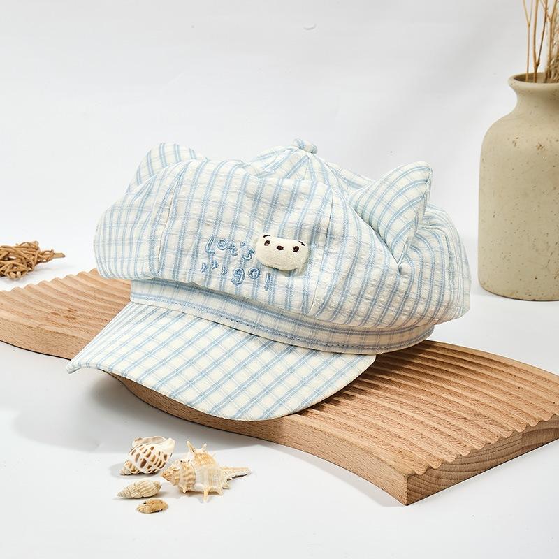 Plaid Octagonal Hat Niche Spring and Summer Cute Face Beret Cartoon Design Versatile Sweet Fresh Kitten Ears
