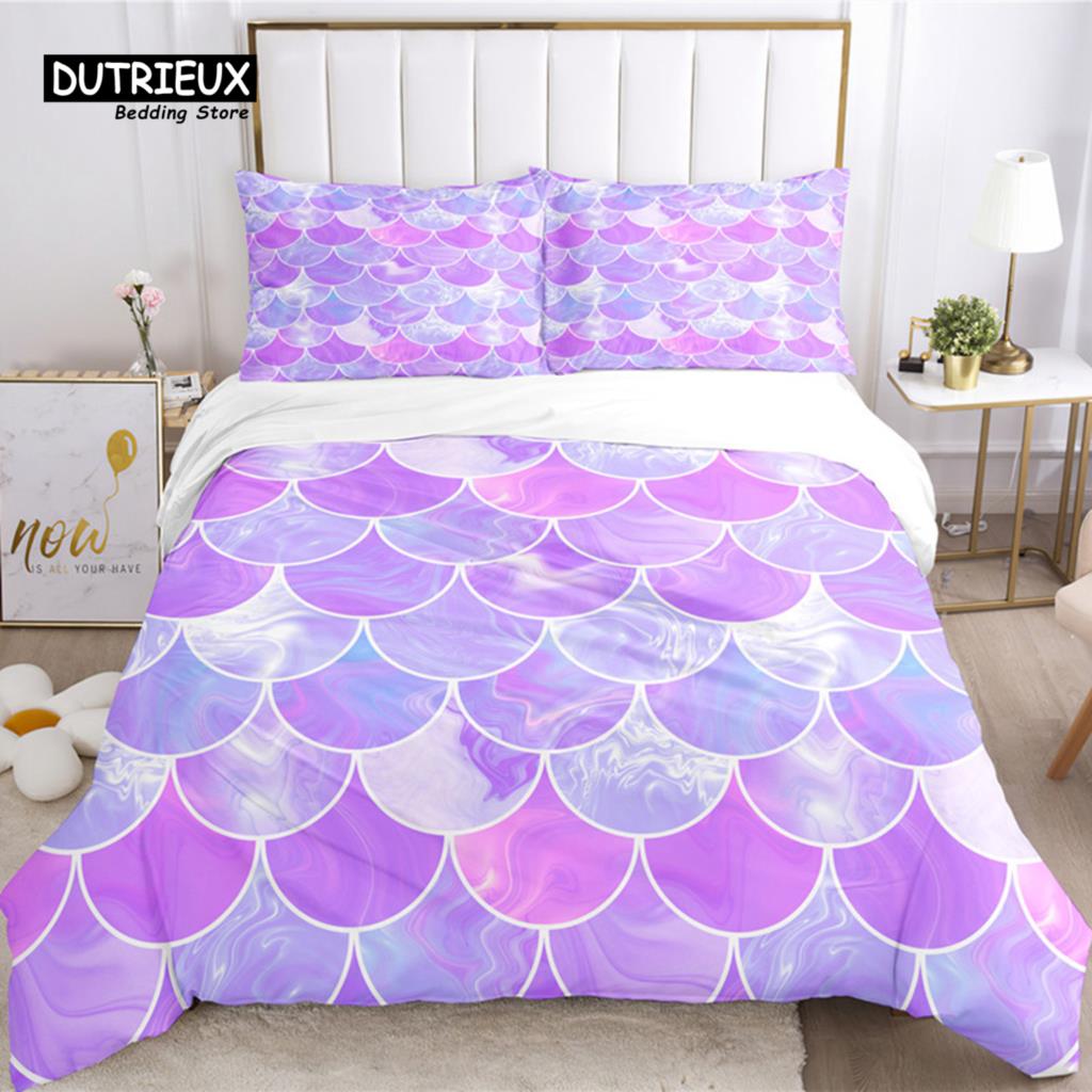 Mermaid Fish Scales Duvet Cover Magical Colorful Seamless Pattern With Fish Scale Net Print Bedding Set Microfiber Quilt Cover