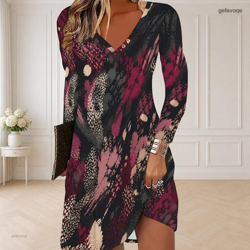 Women Plus Size V Neck Long Sleeve Printed Curved Hem Casual Dress