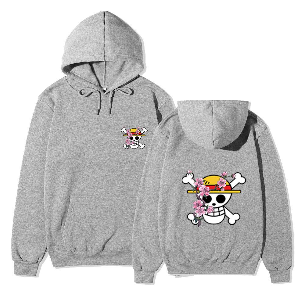 Anime One Piece Straw Hat Pirates Cherry Blossom Hoodie, Front Back Double Sided Print Pullover Sweatshirt for Men Women