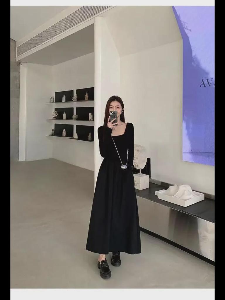 2024 Women's French Square Neck Long Sleeve A-Line Dress - Spring/Autumn Waist-Slimming Maxi