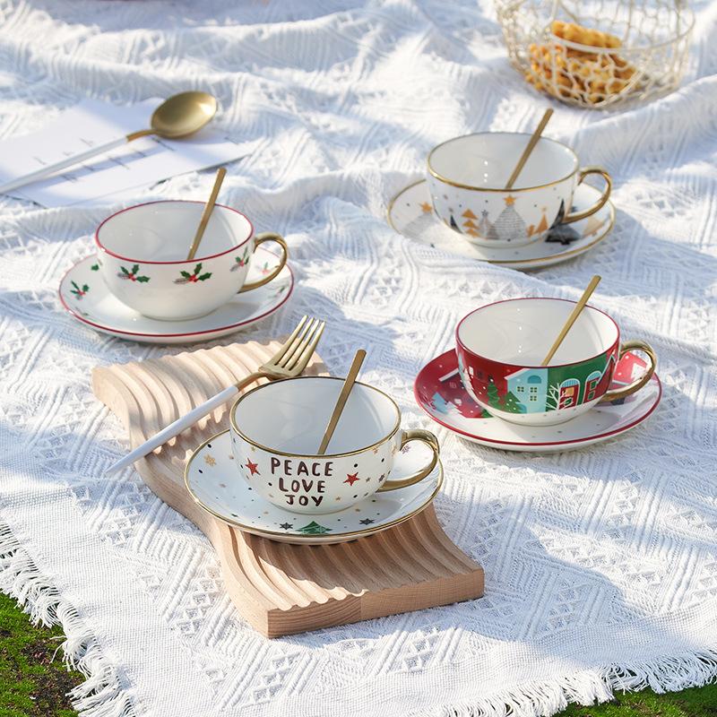 Christmas Ceramic Teapot Cup Teaware Set Home Floral Tea Pot Nordic Style Coffee Cup with Lid Cartoon Cute Ceramic Mug Tea Cup