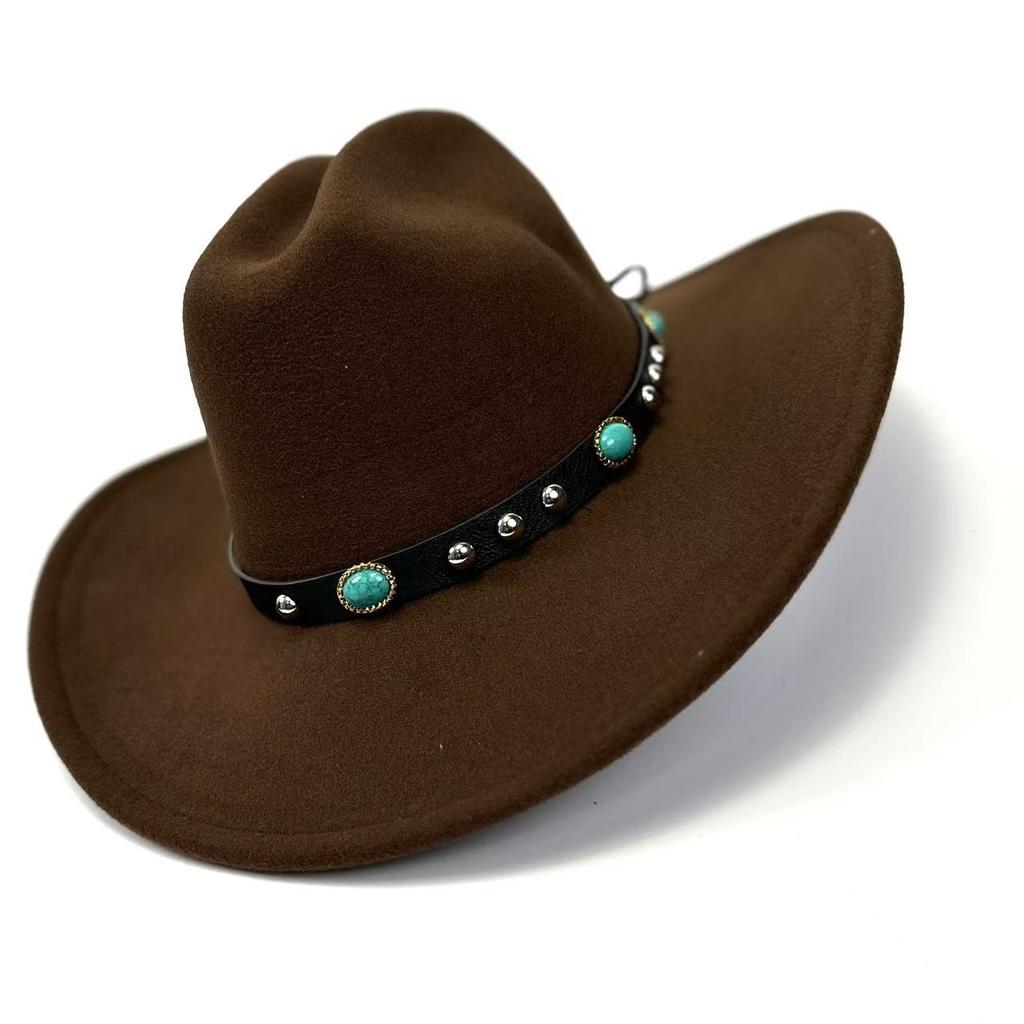 New Western Cowboy Hat, Black Woolen Jazz Top Hat, Four Seasons Men'S And Women'S Turquoise Crimped Felt Hat