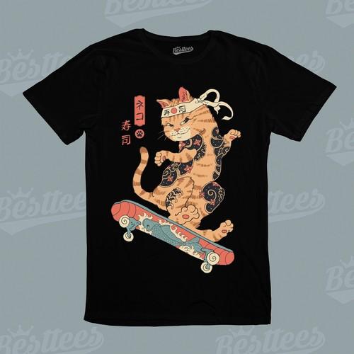 UNISEX Kids/MEN/ WOMEN Cartoon Japanese Cat Flip on Skateboard Skater T-Shirt S разноцветный