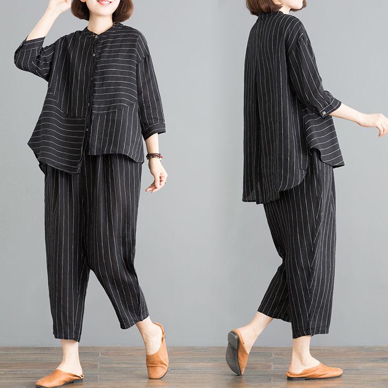 Summer Round Neck Half Sleeve Striped Single Breasted Shirt Sets Elastic Waist Cotton Hemp Pockets Loose Casual Haren Pants Suit