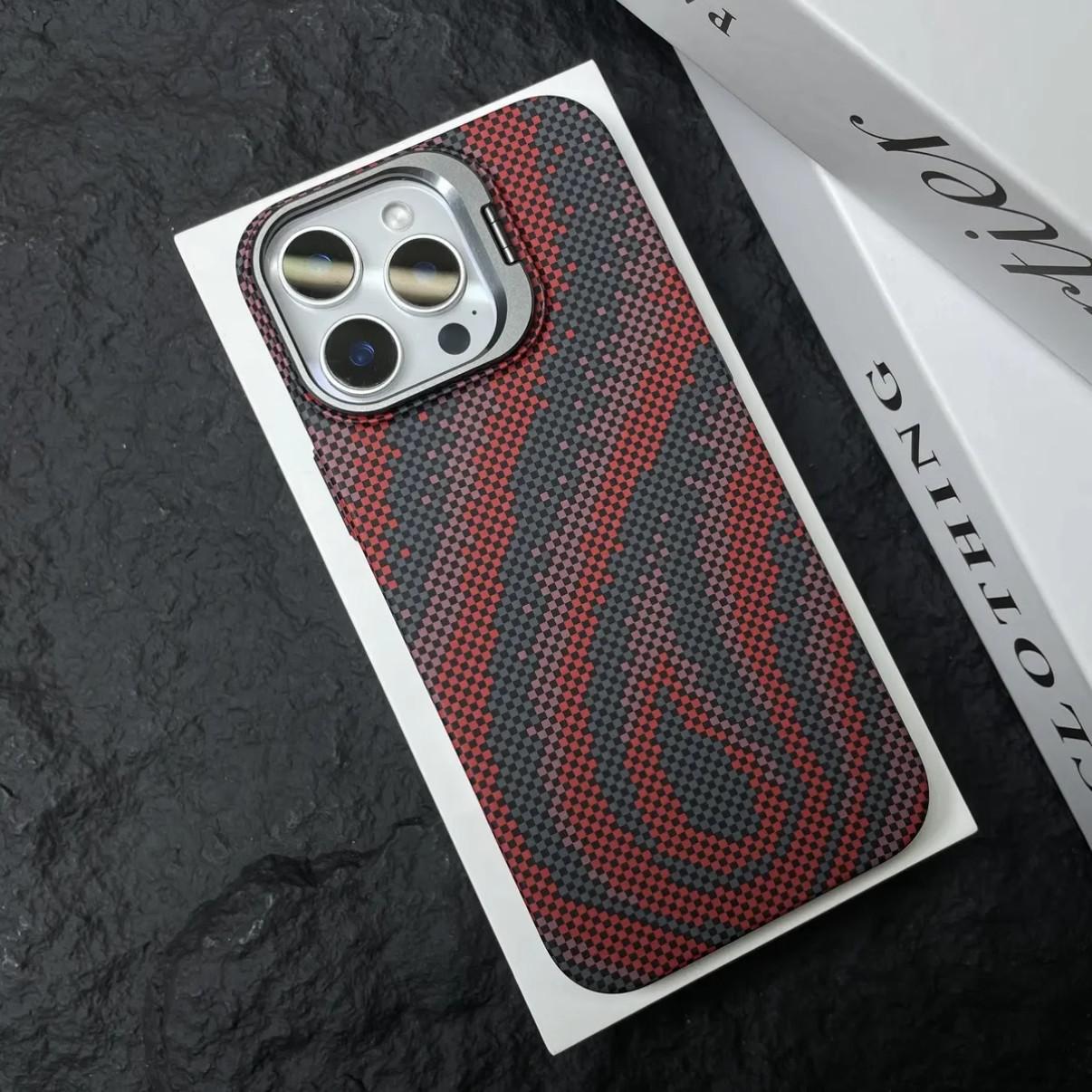 

Подходит для iPhone16 Магнитный чехол для телефона с рисунком из углеродного волокна Apple 15 ProMax Кевларовый защитный чехол с кронштейном для объектива iPhone14proMax