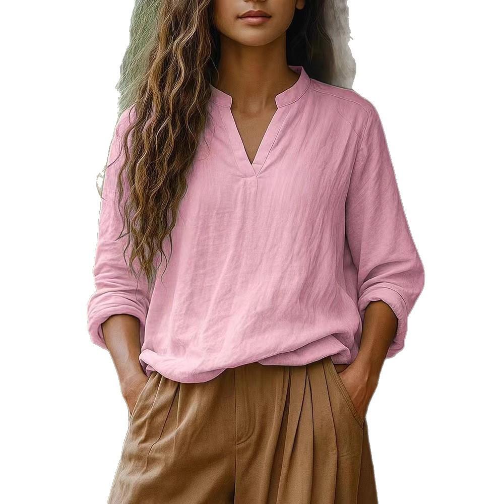 New Women's Casual Long-sleeved V-neck Door Barrel Regular Clean Multi-color Women's Top T-shirt