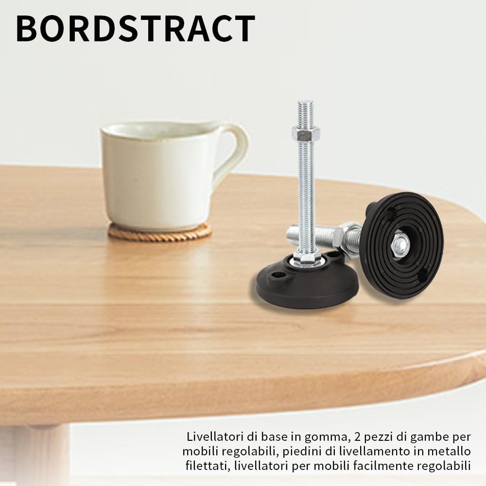 BORDSTRACT Rubber Base Levelers, 2 Pcs M6 Adjustable Furniture Legs, Threaded Metal Leveling Feet, Easily Adjustable Furniture Levelers, for All
