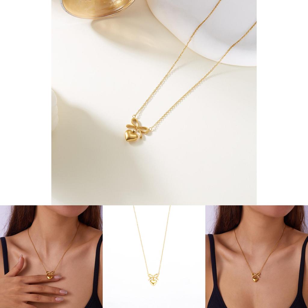 Elegant Heart Shape Pendant Necklace With Butterfly Bow Design In Stainless Steel For Daily Wear