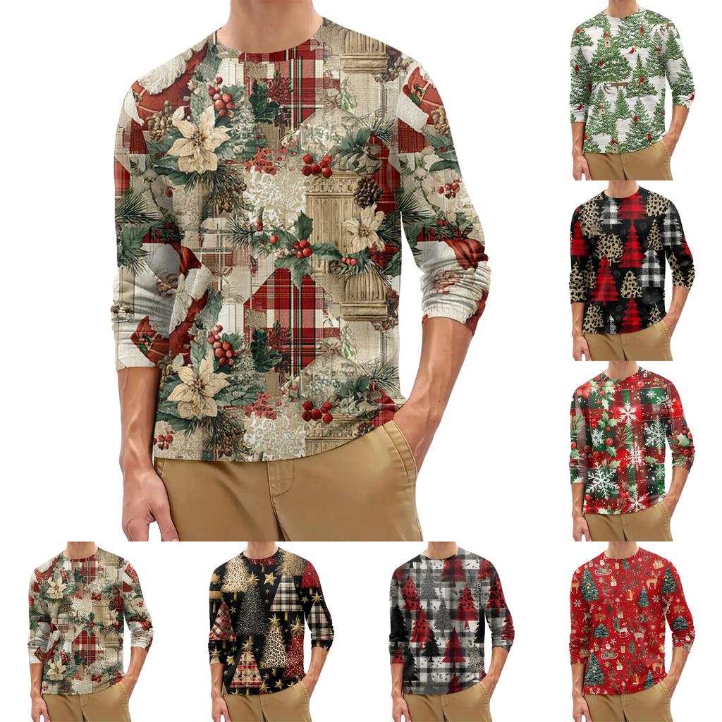 Men's Fashion Printed Round Neck Long Sleeve Bottoming Shirt Top