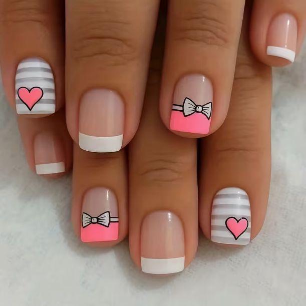 European Style Valentine s Day Nail Art: Shiny, Cute French Stripes with Heart & Bow Knot Designs