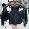 Vintage Gothic Schwarzes Spitzen-T-Shirt, elegantes Smock-Top mit ausgestellten Ärmeln, durchsichtig, sexy, abgeschnittene Tops, Cardigan, Streetwear