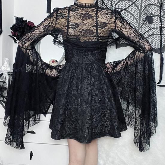 Vintage Gothic Schwarzes Spitzen-T-Shirt, elegantes Smock-Top mit ausgestellten Ärmeln, durchsichtig, sexy, abgeschnittene Tops, Cardigan, Streetwear