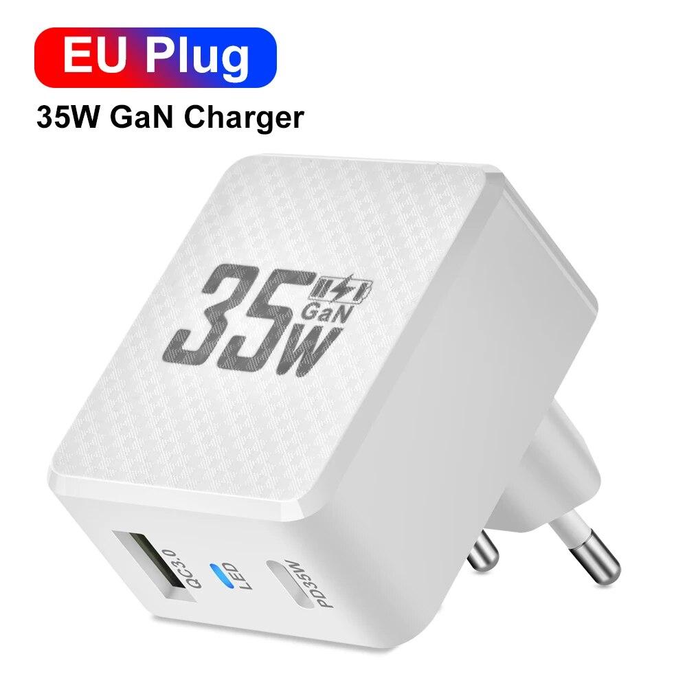 

35 Вт GaN USB Type C зарядное устройство планшет быстрое зарядное устройство QC3.0 PD3.0 зарядный адаптер для iPhone 15 Xiaomi Poco F5 зарядное устройство для ноутбука EU White