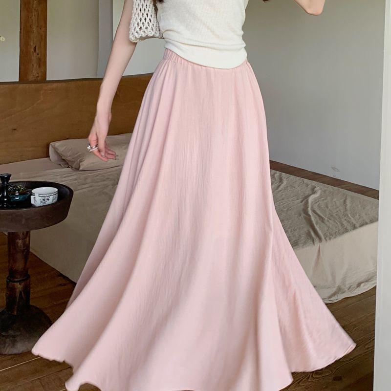 

Женская летняя французская эластичная белая миди-юбка с высокой талией - Элегантная универсальная А-силуэт полуюбка с вневременным очарованием 2XL