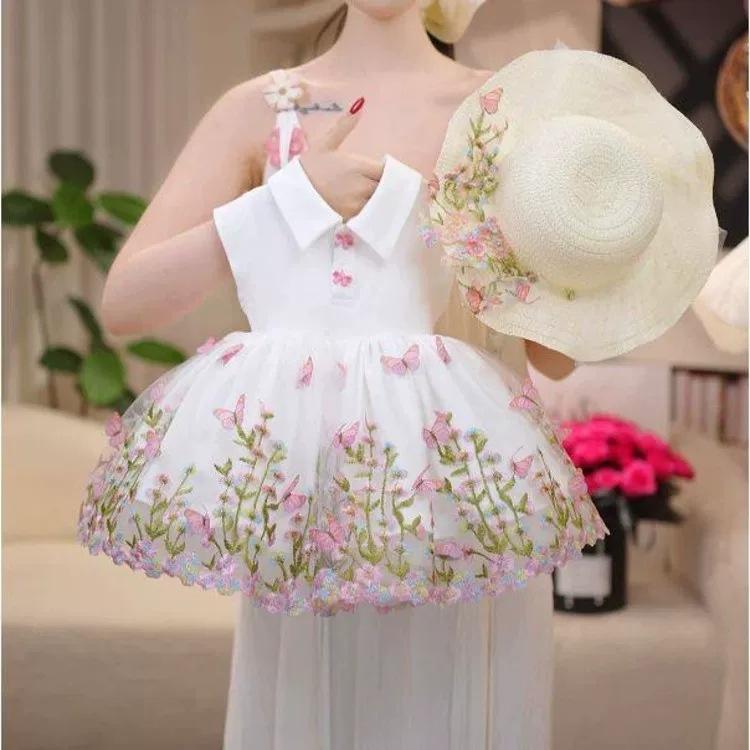 Summer Girls Embroidered Floral Sleeveless Princess Dress Cute Tulle Tutu Party Dress For Kids 90cm