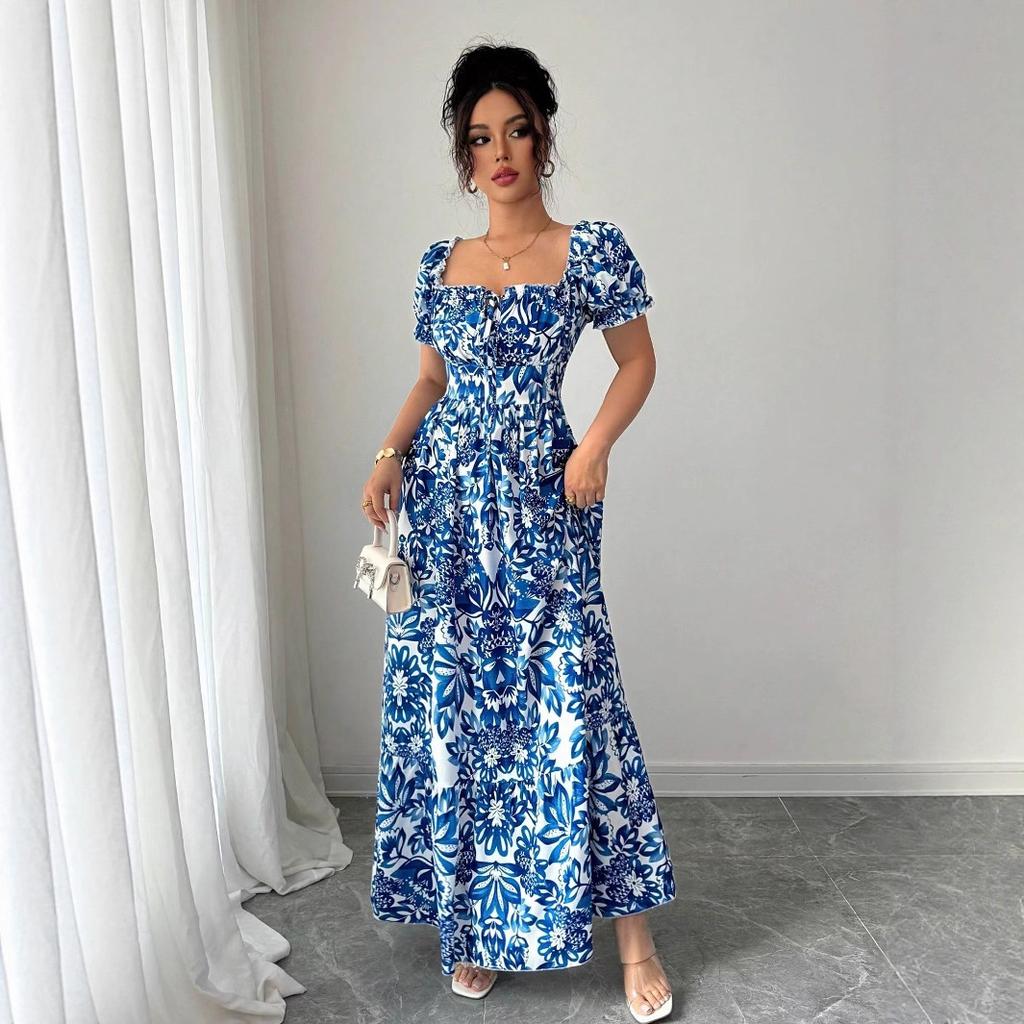 New printed puff-sleeved square neck lace-up waist elegant dress for women
