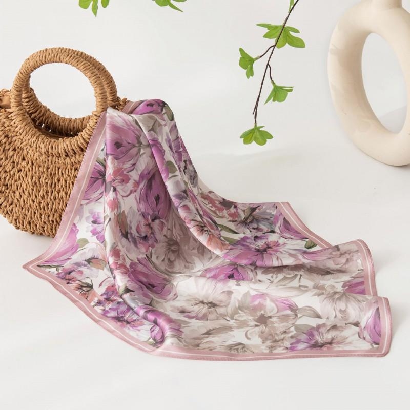 100% Mulberry Silk Square Scarf 53x53cm Floral Print Neckerchief Women
