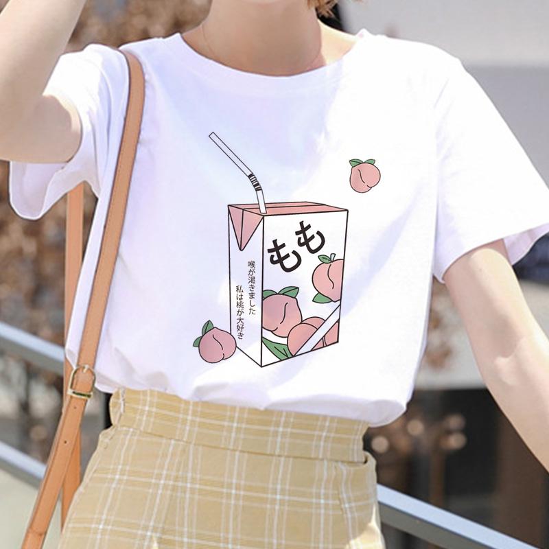 Cartoon Peach Juice Japanses Aesthetic Grunge T Shirt Women Harajuku Cute Kawaii Pink Summer Casual Tumblr Outfit Fashion Tops