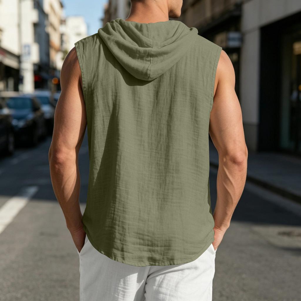 Mens Sleeveless Linen Hooded Shirt Button Down Breathable Relaxed Fit Casual Vest Top Lightweight Summer Apparel