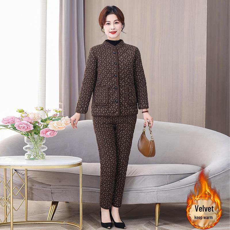 

Women s Winter Velvet Floral Cotton Jacket - Warm Retro Coffee Color for Middle-Aged and Elderly 4XL