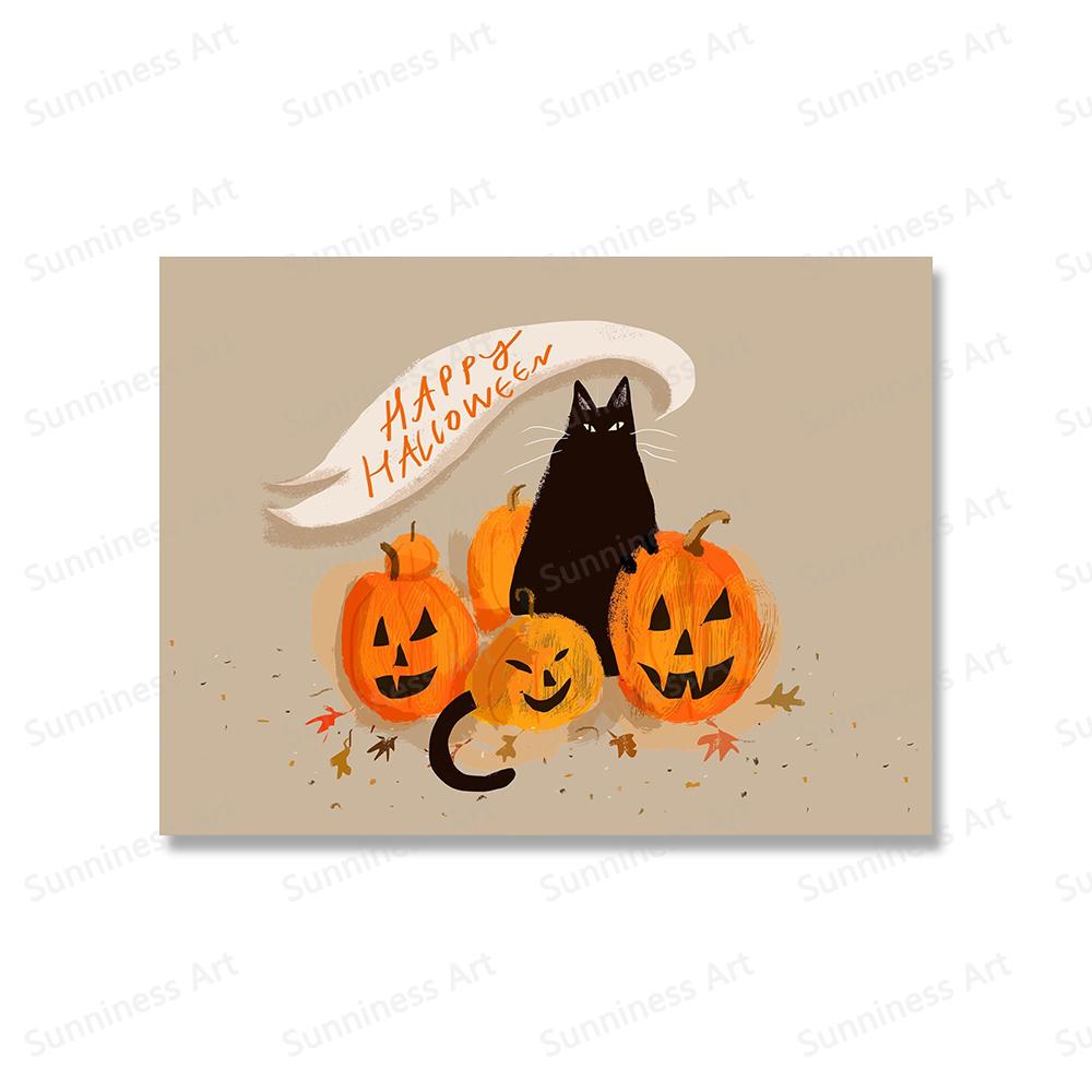 Funny Halloween Black Cat Autumn Wall Art Canvas Painting Nordic Posters And Prints Pumpkin Wall Pictures for Kids Room Decor