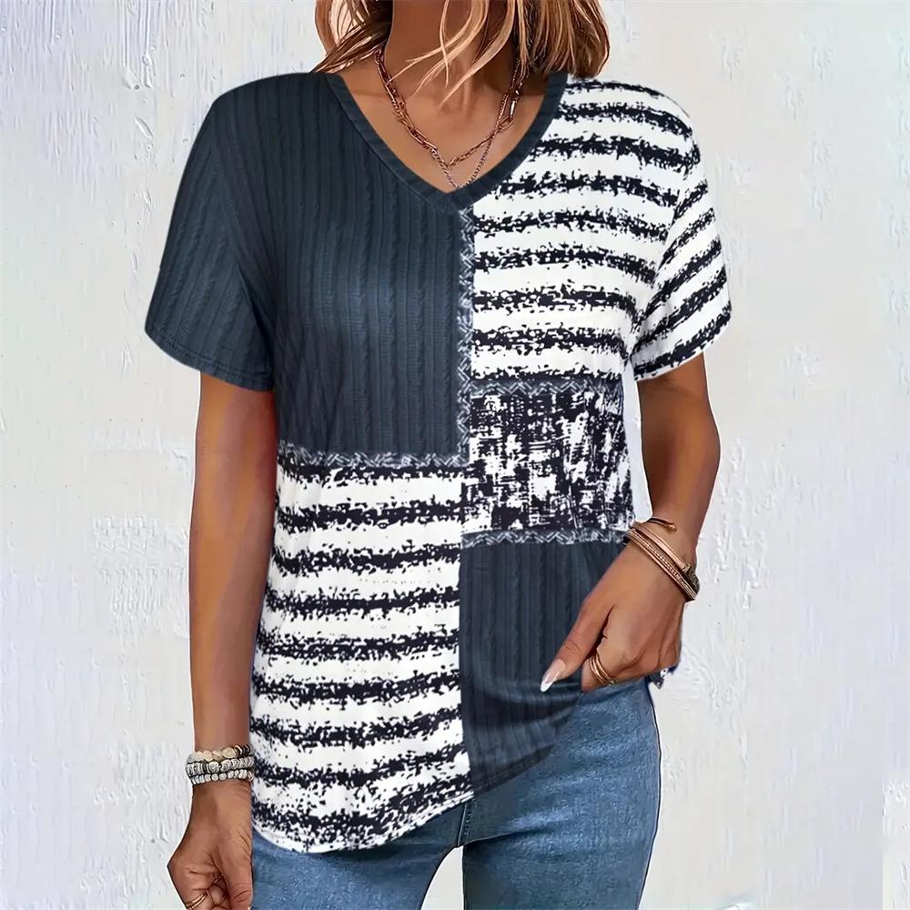 

New Geometric Patchwok 3d Print T-shirt Women Fashion V-Neck Oversized Short Sleeve Tshirt Casual Tops Tee Female Clothing XL