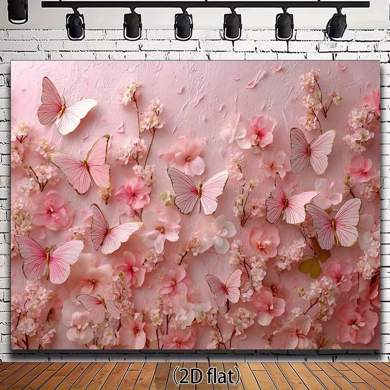 

2D Flat Printed Pink Floral Butterfly Tapestry, 3D Effect Flower & Butterfly Photo Banner 47.2x31.5inch/120*80cm