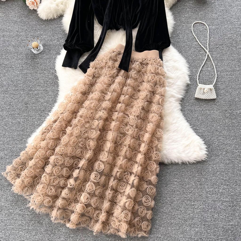 Korean Three-Dimensional Flower High Waist Slim Skirt Loose Bubble Sleeve Velvet Top Sweet Suit Skirt Two-Piece Set