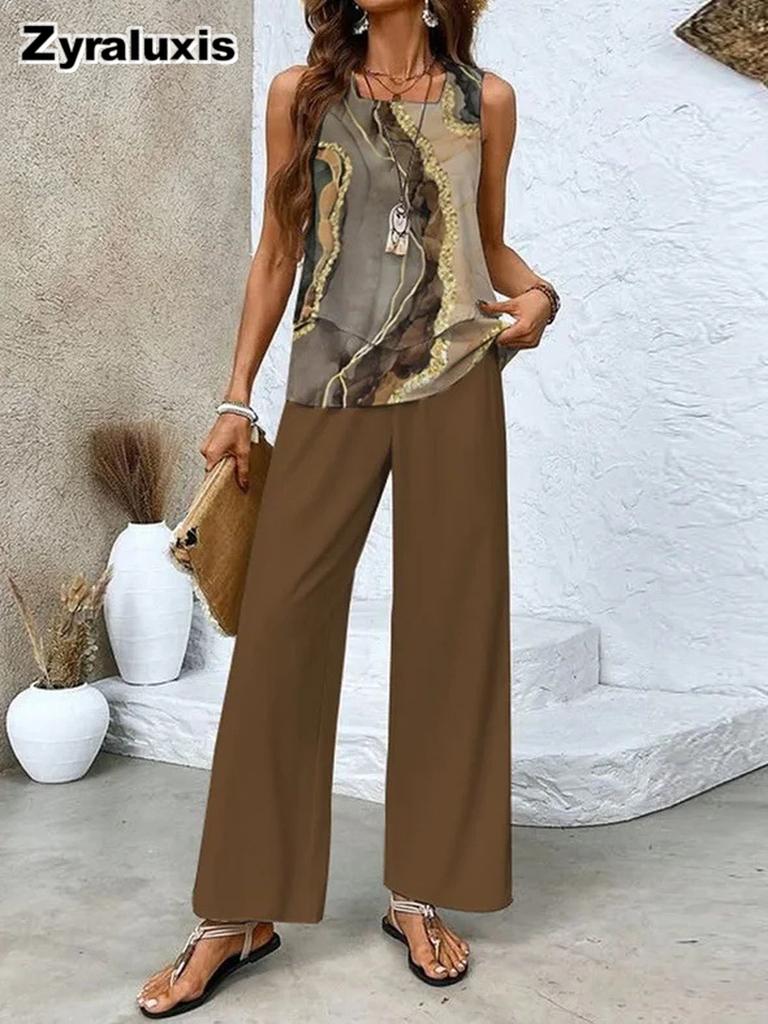 Summer New Casual Fashion Printed Sleeveless Women's Clothing Set Double Layer Backless Pure Color with Printed Set