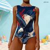 Women Plus Size High Round Neck Sleeveless Printed One Piece Swimsuit Red Blue White