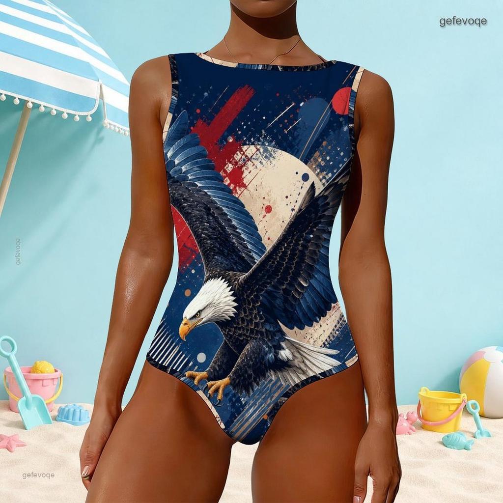 Women Plus Size High Round Neck Sleeveless Printed One Piece Swimsuit Red Blue White