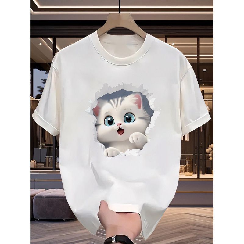 Summer Cotton T-shirt Couple Top Cute Cat Cartoon Loose Casual Shirt S