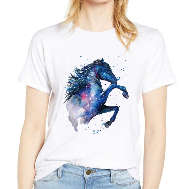 Colorful Horse Print Women T-Shirt Funny Short Sleeve Cute Print Casual Womens Tee Tshirt 90S Clothes Graphic Ladies T-Shirt