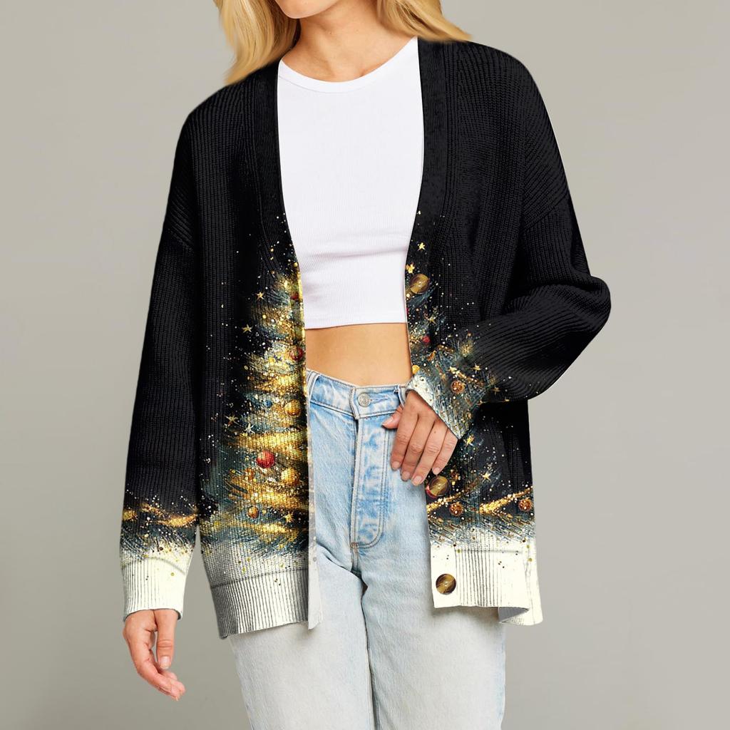 Women's Fashion Loose Knit Long Sleeve Christmas Print V-Neck Button Cardigan
