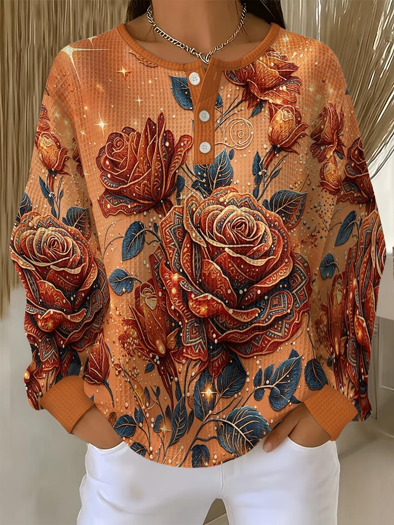 Women's Waffle Henley Collar Long-sleeved T-shirt, Loose Off-shoulder 3-button Round Neck Casual Top