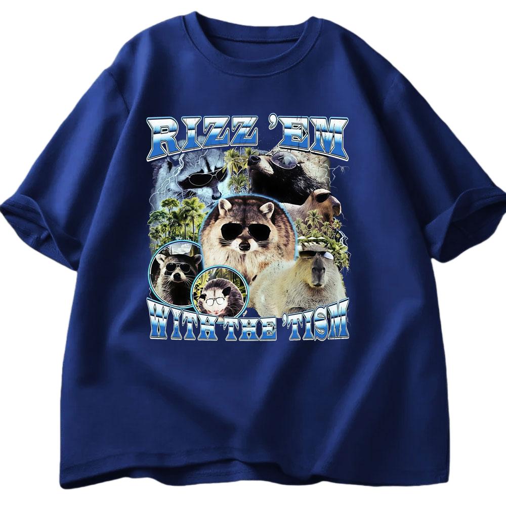 Rizz Em with The Tism Fun Dolphin Raccoon Tshirt Summer Mens Womens Casual Cotton Fashion Oversized Street Y2K Tshirt