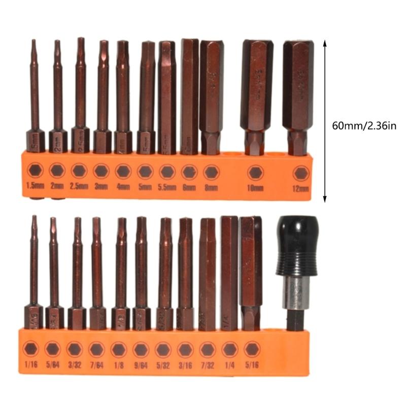 23Pcs Hex Head Allen Wrenches Drill Bit Set Steel Magnetic Tip Hex Bit Set 60mm Long 1.5/2/2.5/3/4/5/5.5/6/8/10/12mm