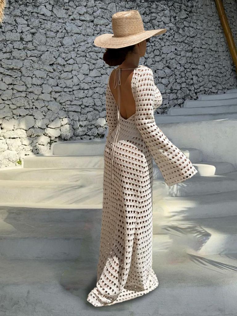 Sexy Knit Mesh Backless Long Bell Sleeve Beach Maxi Dress 2025 Women's Summer Slim Outfits Vacation Swimsuit Cover Up Tunic K205
