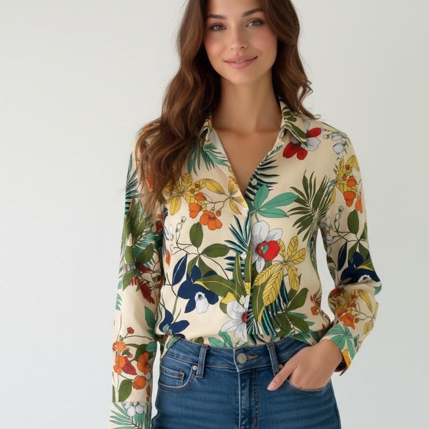2026 Women s Trendy Spring Long-Sleeve Printed Lapel Shirt M