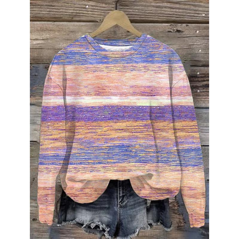 Women's Casual T-shirt 3D Printed stripe prints Round Neck Retro Elegant Long Sleeves Women's Fashion Pullover Long Sleeve Tops