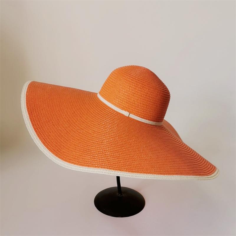 Orange straw hat 18cm large brim large size hat sale sun hat ultra-thin breathable summer sun hat straw hat travel women s 56-58cm
