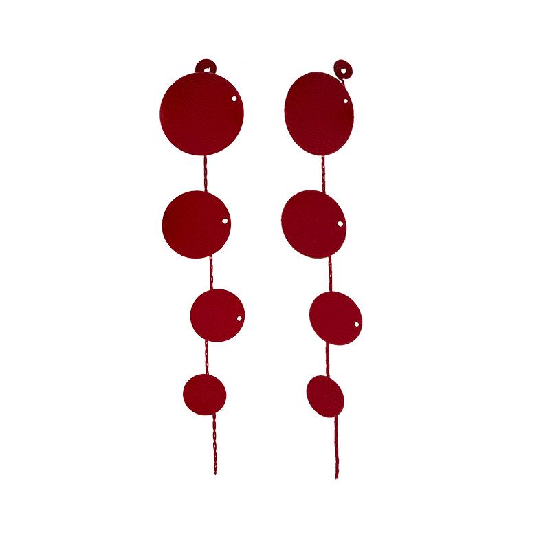 Bohemian Red Woven Round Disc Dangle Earrings for Women - Artistic Retro Ethnic Style Mosquito Coil Design.